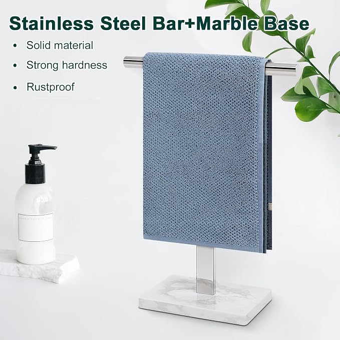 Hand Towel Holder, T-Shape Hand Towel Stand for Bathroom, Hand Towel Rack Bar Standing for Vanity Kitchen Countertop, 304 Stainless Steel, Marble Base (Chrome)