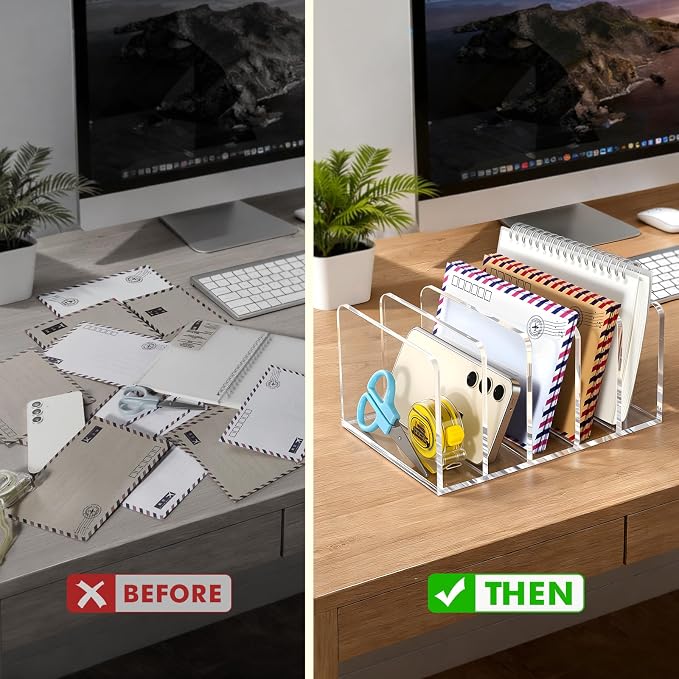 BEYGORM Acrylic Mail Holder, 5 Compartments Multifunction Desk Organizer | Clear Vertical Letter Sorter with Dividers, Modern Office & Home Storage for Documents, Notebooks & Folders