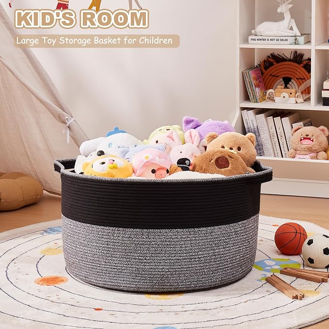 OIASKET Large Blanket Basket with Handles, 22.8" x 22.8" x 13" Woven Storage Basket for Living Room, Cotton Rope Baby Toy Storage for Clothes, Pillows, Towels-Black and Grey