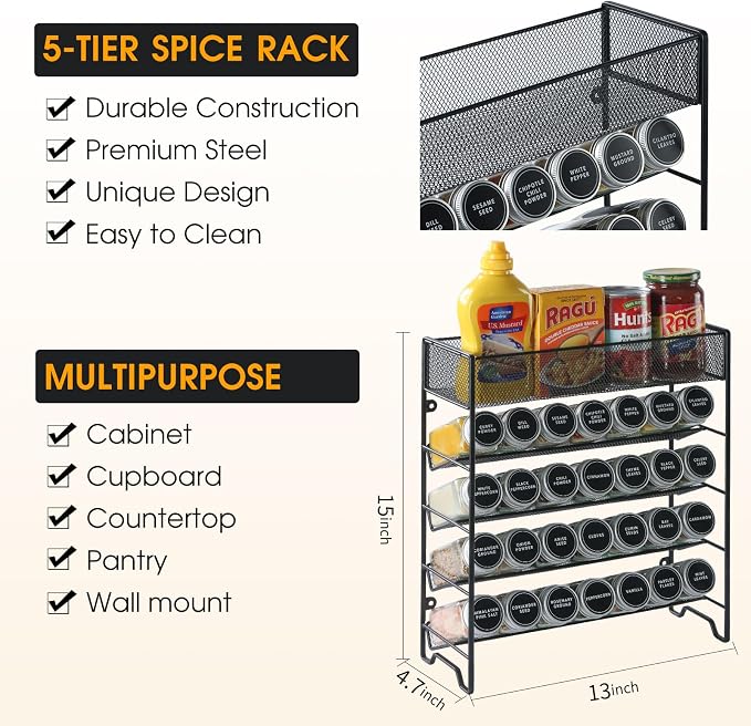Skiileor Spice Rack Organizer with 28 Empty Spice Jars,Spice Labels,Chalk pen and Funnel Complete Set,Space-Saving for Countertop, Cabinet or Wall Mount