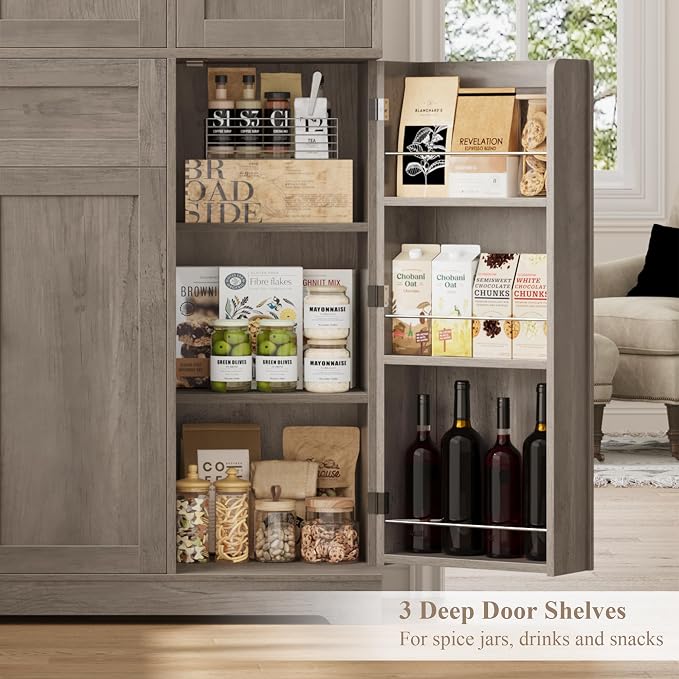 HOSTACK 68" H Kitchen Pantry Storage Cabinet with Doors & Shelves, Ash Gray | Large Pantry Cabinet with Door Rack, Freestanding Kitchen Storage Cabinet with Drawer, Food Pantry for Dining Living room