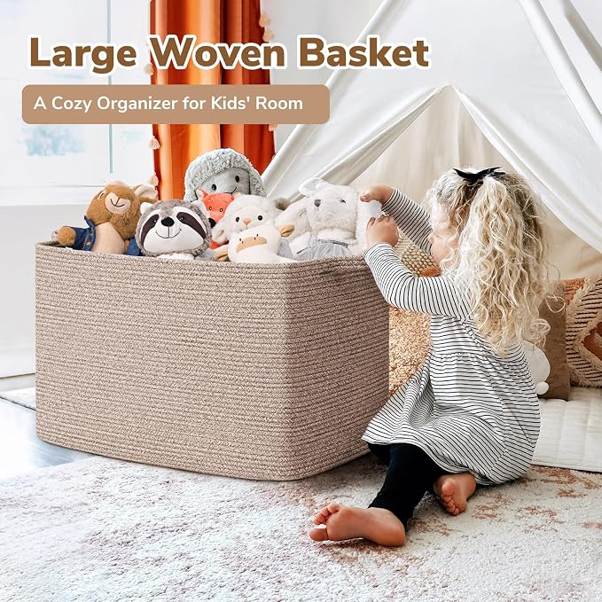 Goodpick 105L Extra Large Woven Blanket Basket, Cotton Rope, Brown | 25 x 16 x 16 in, Rectangle, Blankets, Clothes, Toys & Pillows Storage, Living Room, Bedroom & Nursery Organization
