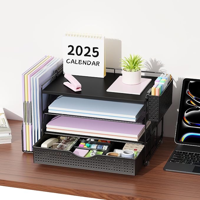 gianotter Wood Desk Organizers and Accessories with File Holder, 4-Tier Desk Accessories & Workspace Organizers with Drawer and Pen Holder, Desk Reference Organizer (Black, 4T with Drawer)