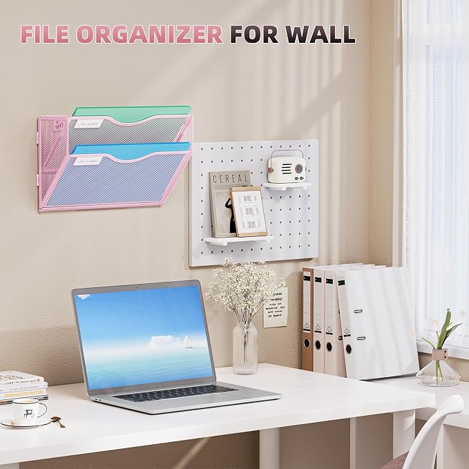 Marbrasse Wall File Holder 2-Tier Hanging Wall File Organizer, Mesh Mail Holder for Papers, Wall Mount File Clipboard & Magazine Organizer Great for Office Home (Pink)