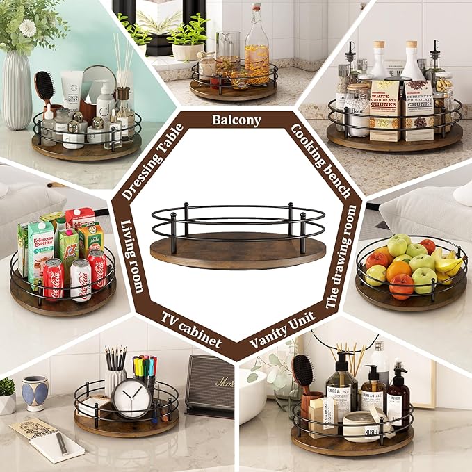 12" Lazy Susan Turntable Organizer,Round Wooden Lazy Susan Organization and Rotating Spice Rack for Dining Table,Pantry,Kitchen Countertop,Vanity,Cupboard and More. (Heightened Version,Round)
