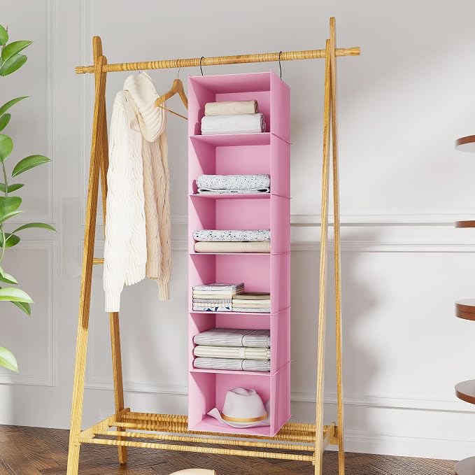 Hanging Closet Organizer 6-Shelf, Oxford Fabric Wardrobe Storage, Pink | Easy-mount foldable design holds clothes, handbags, shoes & accessories; washable Oxford fabric, sturdy and space-saving.