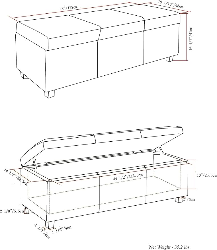 SIMPLIHOME Avalon Storage Ottoman Bench - 48" Wide x 16" High Upholstered Linen Look Fabric Rectangular Lift-Top Ottoman in Cloud Grey, Contemporary Bench for Living Room with High-Density Foam