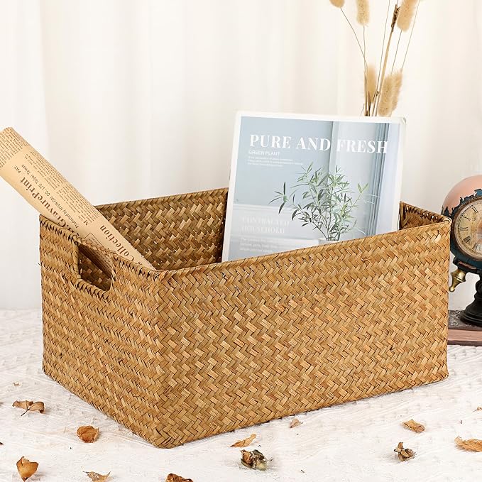 Hipiwe Seagrass Storage Baskets Bin for Shelf Large Handwoven Wicker Basket | Rectangular Bedroom Bathroom Organizer Built-in Handles, Multipurpose Woven Basket Bin Boxes,14.6"x 10.6"x 7.1"