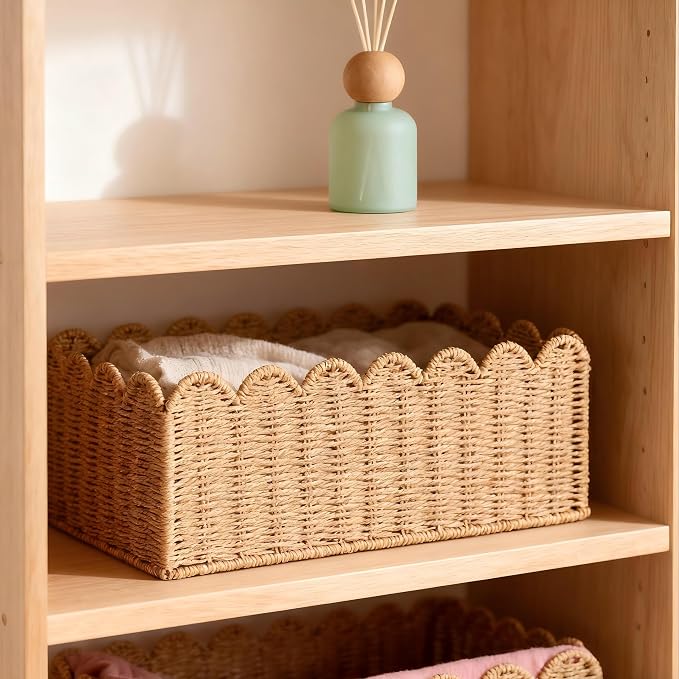 Scalloped Basket, Wicker Storage Baskets, Hand Woven Baskets for Shelves,Natural Baskets for Organizing (M-14" L x 10.5" W x 6" H)