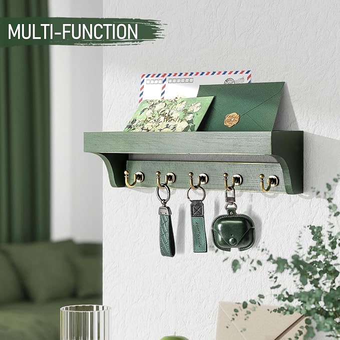 Rebee Vision Pine Wood Key Holder Wall Mount with Shelf for Entryway, Green | 5 Key Hooks, Pine Wood Key Holder for Wall, Mail Organizer, Perfume & Plant Display, Room Decor, Practical Home Storage
