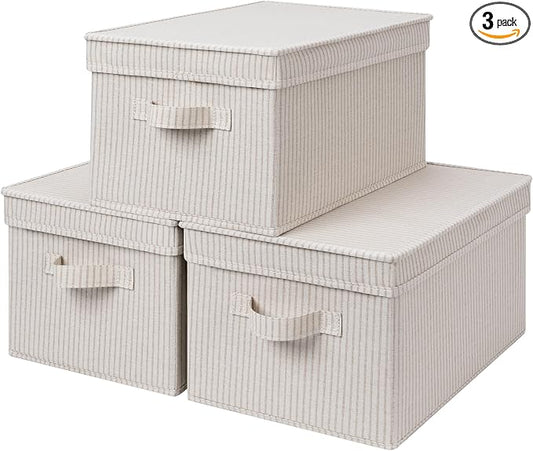 StorageWorks Fabric Storage Bins with Lids, Decorative Storage Bins with Soft Handles, Foldable Storage Baskets for Closet, Shelves, Stackable and Sturdy Organization, Khaki Stripe, Large, 3-Pack