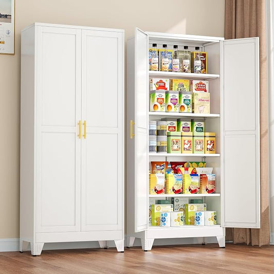 winiowa Metal Pantry Cabinet with 2 Doors and Adjustable Shelves - 71" Kitchen Storage Cabinet with Gold Handles - Versatile Storage for Kitchen, Bathroom, Dining Room, Utility Room - White