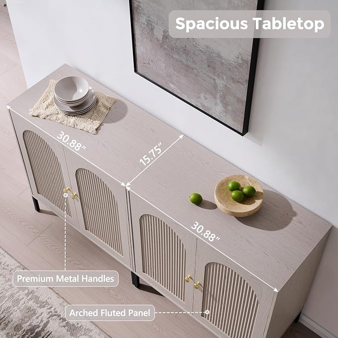 IFGET 123.5"W Modern Arch Sideboard Buffet Cabinet with Storage, Light Grey | Fluted Arched Sideboard Cabinet w/Adjustable Shelves, Wood Modular Kitchen Cabinet for Dining& Living Room, Kitchen, Entryway