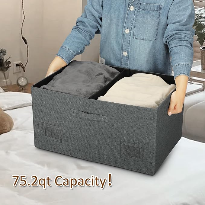 Graciadeco 75 Quarts Extra Large Decorative Storage Bins with Lids, 3 Packs Dark Gray Collapsible Storage Bins with Lids, Stackable Storage Bins Decorative Box Storage With Lid Extra Large | 75 Quarts 3 Pack Dark Gray Collapsible Stackable Linen Fabric...