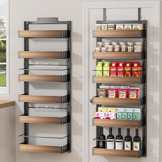 POKIPO 6 Tier Over The Door Pantry Organizer, 2-in-1 Door Hanging or Wall Mounted Spice Rack, Large Heavy Duty Pantry Door Storage Seasoning Shelves with Adjustable Basket for Kitchen Bathroom Closet