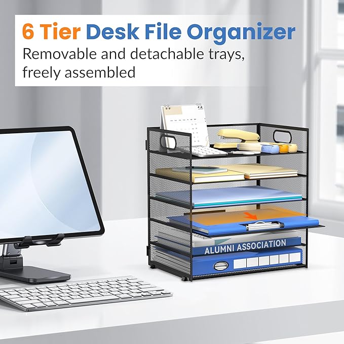 Daltack 6-Tier Paper Organizer for Desk with Handle, Black, 2 Pack | Sturdy Metal Mesh Organizer with Movable Middle Trays and a Carry Handle for Papers, Folders and Office Supplies