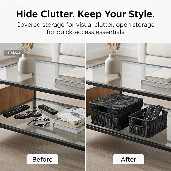Wicker Storage Basket with Lid for Shelves, Set of 2, Black | One rectangular wicker basket with lid and one open basket for decorative shelf storage; removable lid flips into a tray.