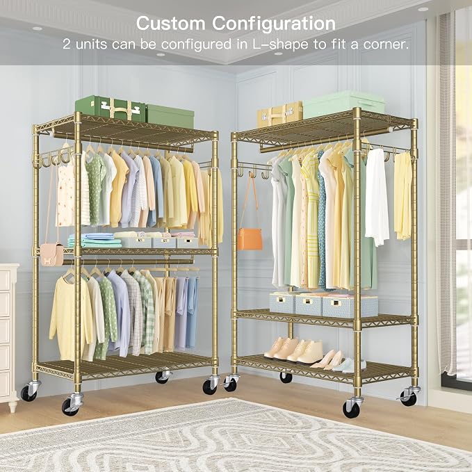 FUTASSI P1 Rolling Clothes Rack, Metal Garment Closet Organizer with Wheels | Portable Clothing Wardrobe with Double Hanger Rods and Hooks, 35.4"W x 15.7"D x 80.5"H, Load 450lbs, Gold