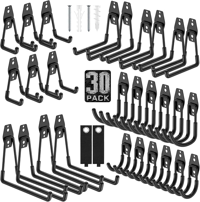 Garage Hooks, Anti-Slip Heavy Duty Wall Mount Hooks, 30-Pack | Hanging Storage for Bikes, Ladders, Hoses, Ropes, Garden Tools - For Warehouse, Workshop, Shed, Shop, Yard