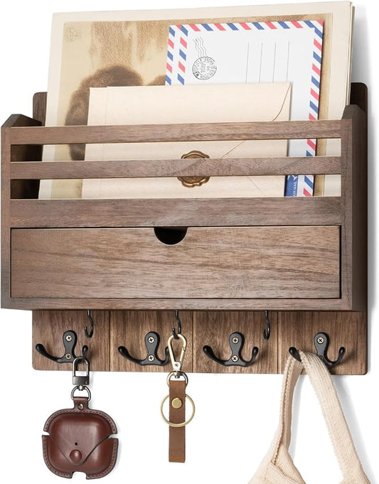 Rebee Vision Mail Organizer Wall Mount with Hooks for Entryway, Retro Brown | Key and Mail Holder for Wall, Storage Drawer, 7 Key Hooks, Mail Organizer, Rustic Home Decor, Office and Garage Organization