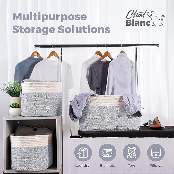 CHAT BLANC Cotton Rope Baskets for Organizing | Storage Baskets for Shelves | Rope Basket for Storage, Small Laundry Baskets, Woven Baskets for Storage, Dog Toy Bin, Baby Basket,Off White &Gray 3 Pack