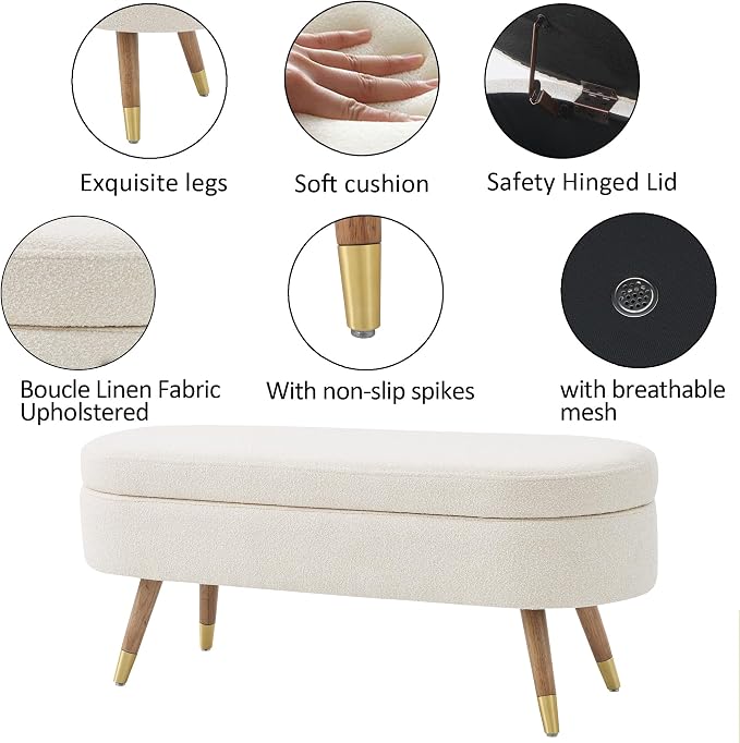 IAFIKE Oval Storage Bench 43.5" Ottoman Bench Upholstered Boucle Fabric Footrest Bench with Golden Metal Legs End of Bed for Bedroom, Living Room, Entryway,Bed Side (Beige)
