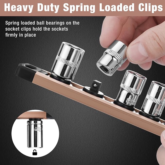 WORKPRO Magnetic Socket Organizer, Heavy Duty 1/4-Inch Drive Socket Rail | 1 Piece Socket Holder with 12 Spots, Aluminum Alloy, Rotatable & Movable Clips, Efficient Organization