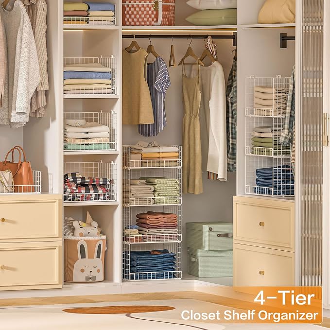 Yociyoga 4 Tier Stackable Closet Organizers and Storage Shelves, Foldable Closet Shelf Organizer System, Stackable Storage Bins Drawers for Clothes Organizer System, White（Patent No. 30022416）