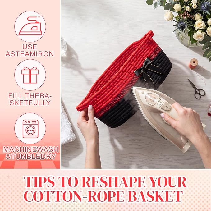 Colingmill 1 Set Woven Empty Basket for Gift,Red Black | with Cellophane Wrap Set, 14 x 10 x 5.5 Inch, Medium Decorative Gift Basket, Cotton Rope Storage Box, Home Decor
