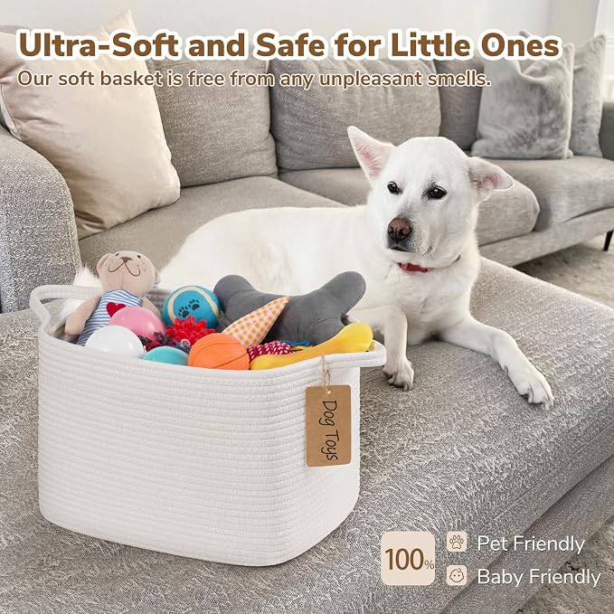 Goodpick Small Woven Rope Storage Basket for Shelves, White | 13 × 10 × 9 in, Rectangle, Handles, Shelf & Nursery Organization, Toys, Books, Towels & Daily Essentials Storage