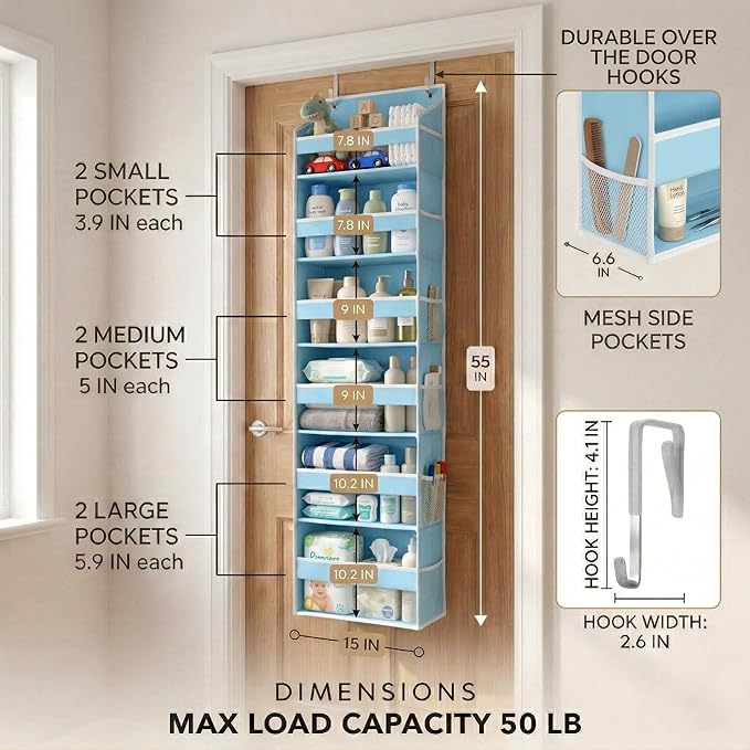 HOMELUX THEORY UPGRADED 6 Tiers Over The Door Organizer Hanging - 100D EXTRA THICK & 50lbs HUGE CAPACITY, 12 Side Mesh Pockets Over The Door Shoe Organizer, Hanging Closet Organizer (Baby Blue, 2pc)