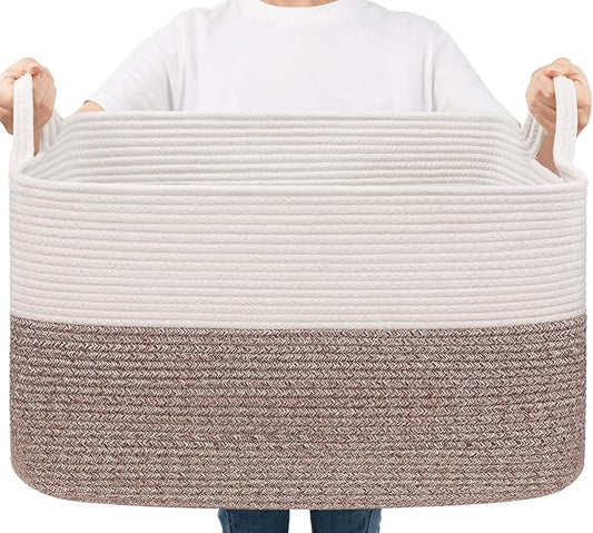 Goodpick Large Woven Blanket Basket with Handles, White & Brown | 21.6 x 14.9 x 11.8 in, Rectangle, Blankets, Toys & Towels Storage, Living Room, Bedroom & Nursery Organization
