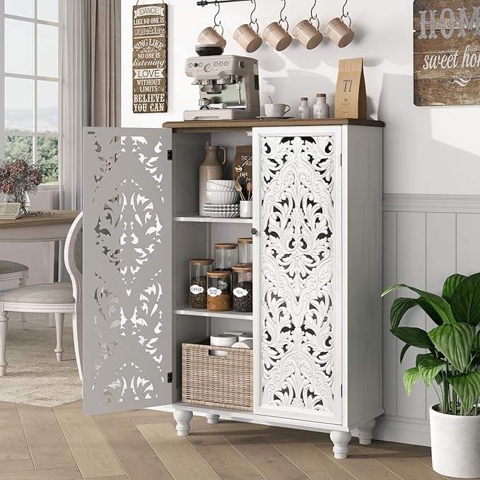 JOINICE 47" Tall Accent Cabinet with Carved Doors & Storage for Living Room | Vertical Storage, Carved Floral Design, Mandala White Buffet, Boho/Farmhouse/Rustic Style, Adjustable Shelves, Easy Assembly