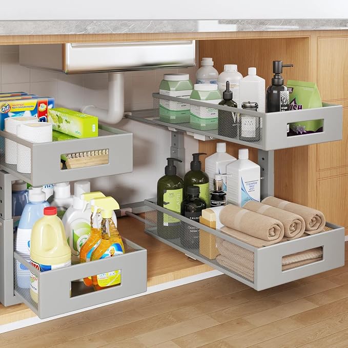 2 Packs 17IN Depth Under Sink Organizer, 2-Tier Pull Out Cabinet Organizer With Smooth Circular Rail, Large Capacity Metal Mesh Sliding Drawers For Bathroom& Kitchen Storage,Height Adjustable–Gun Gray