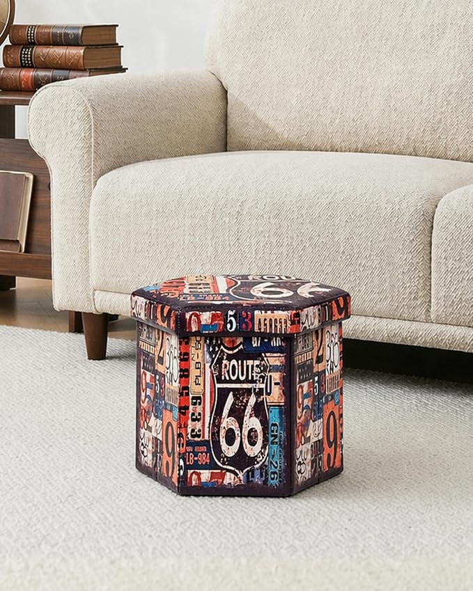 B FSOBEIIALEO Route 66 Storage Ottoman Hexagonal, Faux Leather Foot Rest Seat for Living Room, Storage Organizer 16.93"x15"x15"