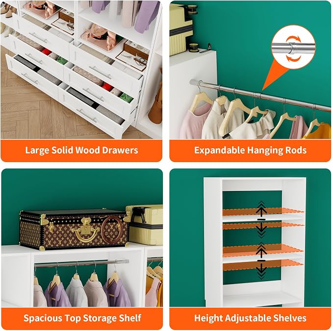 Closet System Set of 4, 8-21FT Closet System with 6 Drawers, 8 Shelves & 8 Hanging Rods, Custom Walk in Closet Organizer System Adjustable, Max 252“ Modular Closet Storage System Wood, White
