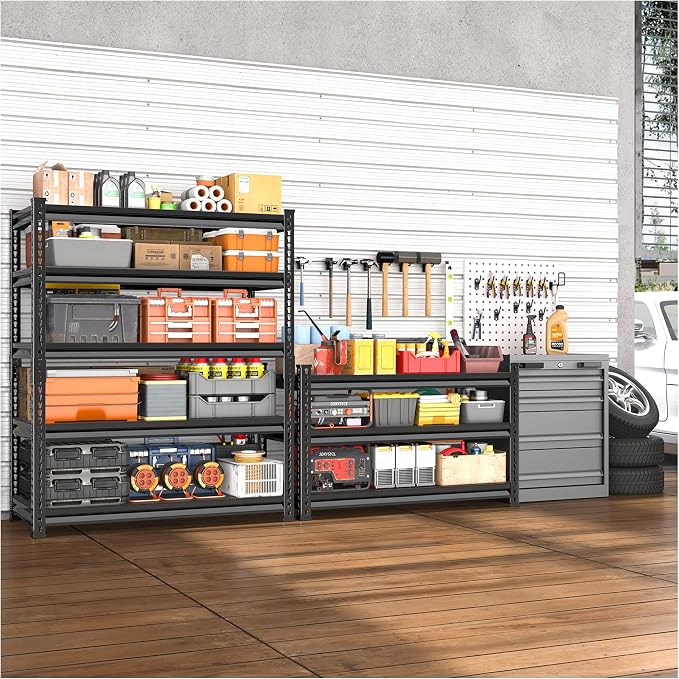 48" W Garage Shelving Heavy Duty, 2400LBS Loads Adjustable Garage Storage Shelves, 5-Tier Metal Shelving Units and Storage Racks, Industrial Utility Shelf, 48" Wx18 Dx78 H, Black