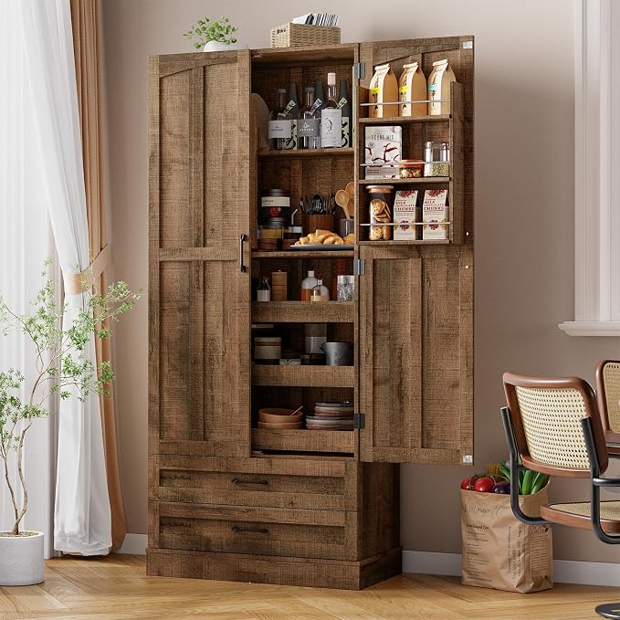 71" Tall Farmhouse Kitchen Pantry Cabinet with 3 Pull Out Shelves & 2 Large Drawers, Pantry Storage Cabinet with 6 Door Shelf & Adjustable Shelf, Freestanding Cupboard for Kitchen, Dining Room