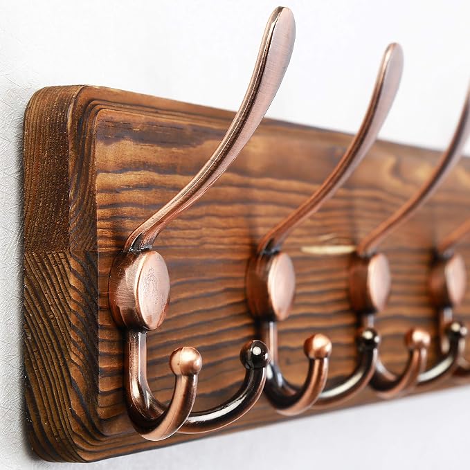 SKOLOO Coat Rack Wall Mounted - 38.3'' Long, Pack of 2, Wooden, Heavy Duty, Rustic Coat Hooks for Wall, Wall Coat Rack with 10 Triple Hooks for Hanging Clothes, Jacket, Hat(Brown & Retro Red)
