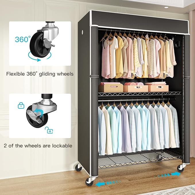 Black Clothing Rack with Black Cover, P1C Plus Rolling Closet | Metal Garment Rack with Wheels for Hanging Clothes, Portable Clothing Storage Wardrobe