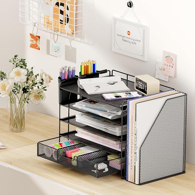 OPNICE Desk Organizer, 5-Tier Desktop File Organizer with Drawer and Pen Holders, Office Desk Accessories, File Sorters, Workspace Organizers for Office Supplies(Black)