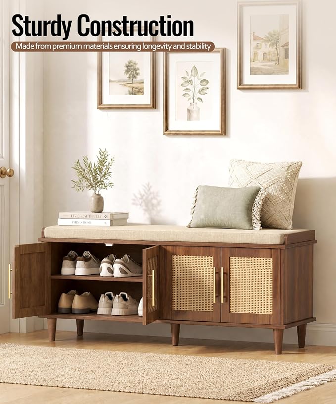 Akxomel 47.2" Rattan Shoe Storage Bench 4 Doors Entryway Bench Walnut | 2 Tier Shoe Bench with Padded Cushion, Adjustable Shelves and 4 Doors, Solid Wood Legs, for Hallway, Living Room, Bedroom