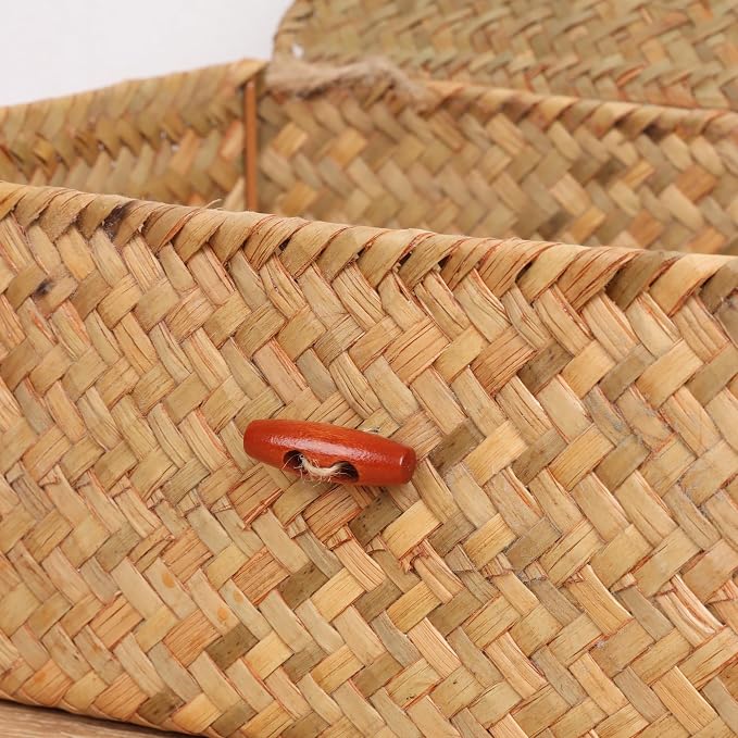 Moosky Wicker Shelf Baskets with Lid,Handwoven Seagrass Basket for Storage Basket Bins Rectangular Home Organizer Gift Boxes (Natural Large)
