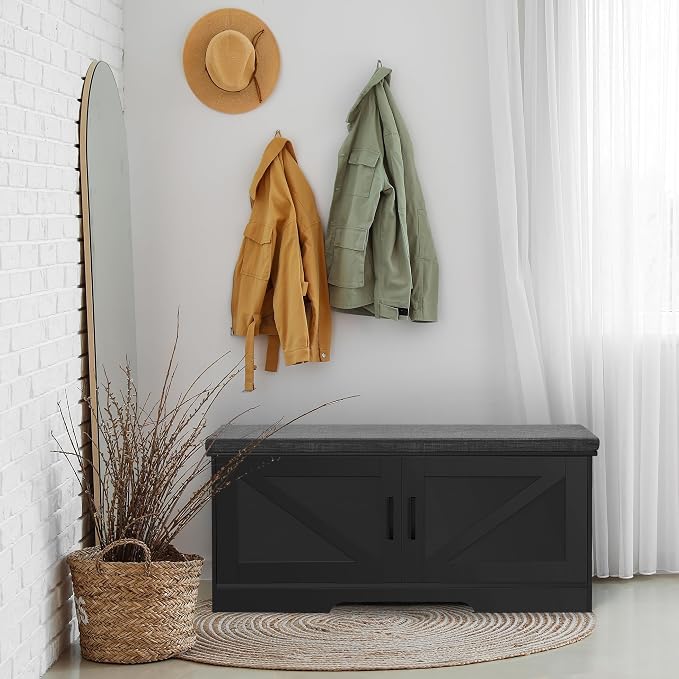HOMSHO Farmhouse Shoe Storage Bench with 2 Barn Doors & Padded Seat Cushion | 39.4" Wide Entryway Bench with Adjustable Shelves & Hidden Storage, Black