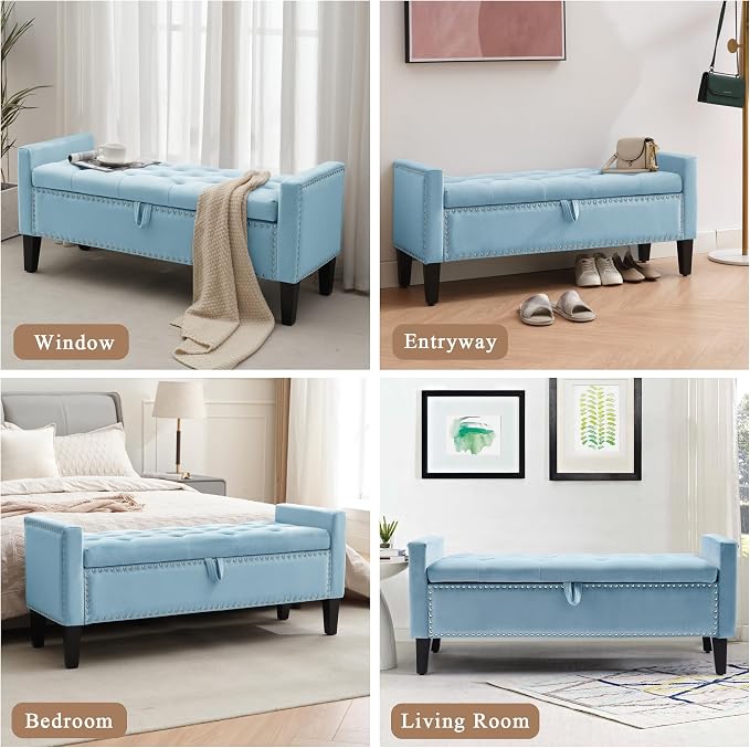 Velvet Storage Ottoman Bench, 46'' Upholstered Button Tufted End of Bed Bench, Modern Entryway Ottoman Bench with Arms, Light Blue