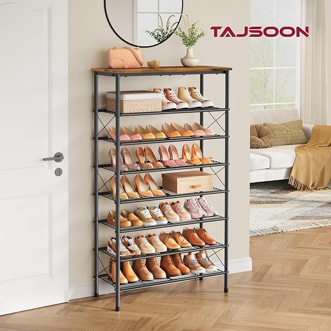 8 Tier Shoe Rack for 28-32 Pairs of Shoes, Rustic Brown & Black | Sturdy & Durable, X Shape Fixed Frame, Metal Mesh Shoe Shelf, Industrial, For Closet, For Entryway Shoe Storage