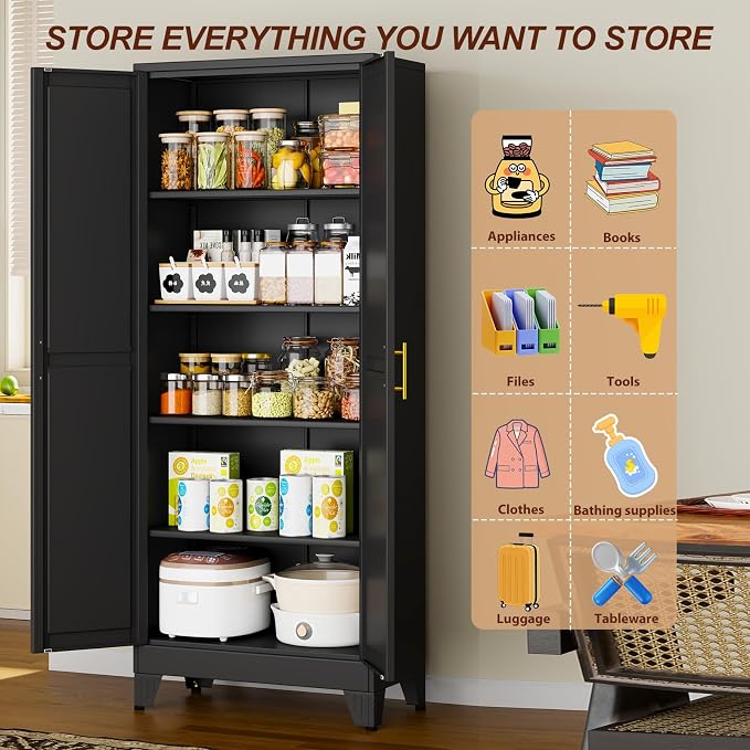 71" Black Metal Storage Cabinet with 2 Doors and 4 Adjustable Shelves,Steel Garage Tool Cabinet, File Cabinet,Kitchen Pantry Cabinet for Home,Office,Garage,School,Warehouse