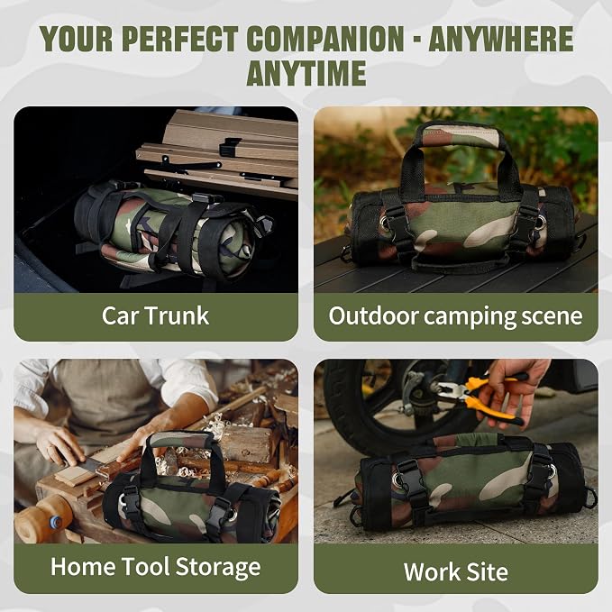 Portable Foldable Roll Up Tool Bag, Heavy Duty Tool Organizer Bag with 5 Compartments & 2 Detachable Pouches for Tools Storage, Waterproof Tool Roll Bag for Dad Men Electrician Gifts