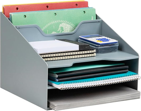 Mind Reader Desktop Organizer, Vertical File Holder, Paper Trays, Office, Plastic, Gray