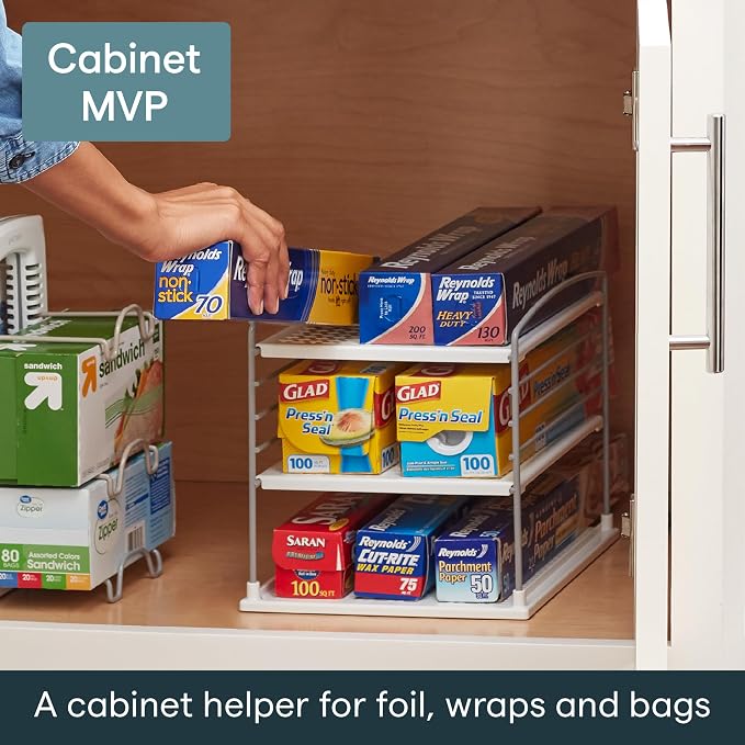YouCopia UpSpace Adjustable Box Organizer for Foil Wrap and Kitchen Cabinet Storage, Original, White